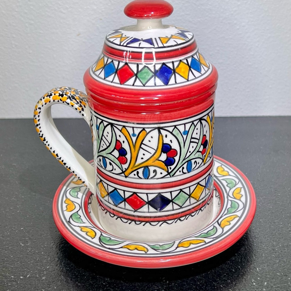 Colorful Ceramic Mug with Lid and Saucer